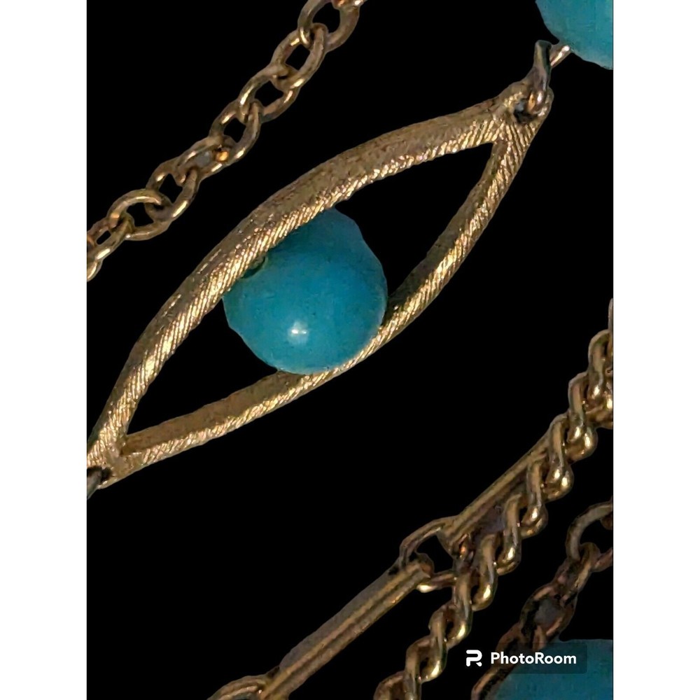 Vintage Pakula Faux Turquoise Beaded 14" Multi Chain Necklace Gold Tone 1960's - Picture 3 of 8